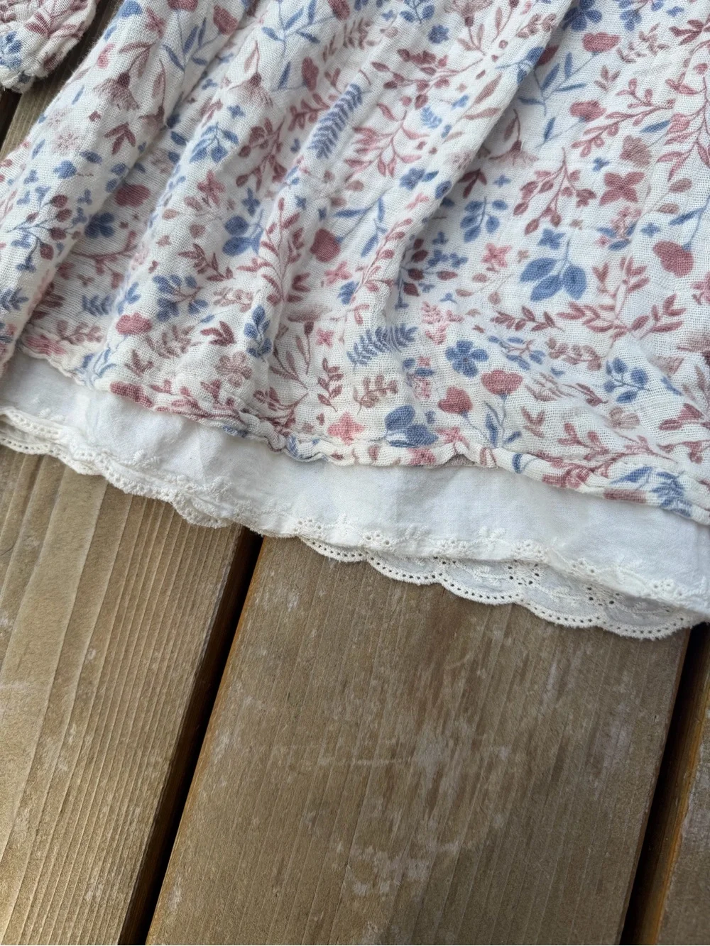 Angel Dear Lace Trimmed White Dress with Blue & Pink Floral Print